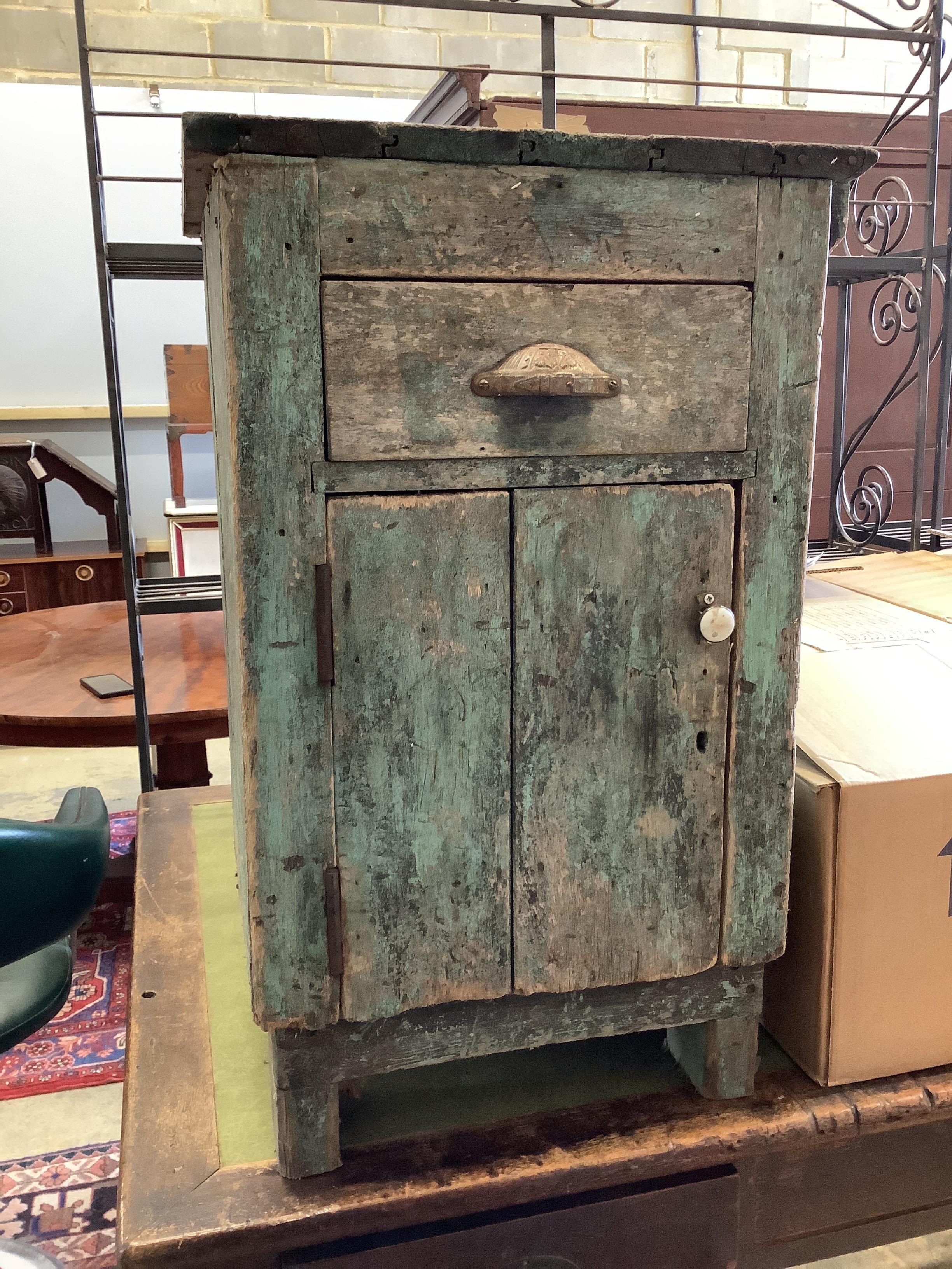 A small rustic style painted wood side cabinet, width 47cm, depth 48cm, height 73cm